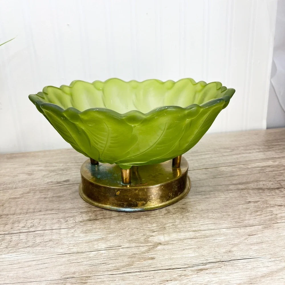 Vintage Frosted Green Glass Centerpiece Bowl:‎ Midcentury Modern Serving Platter